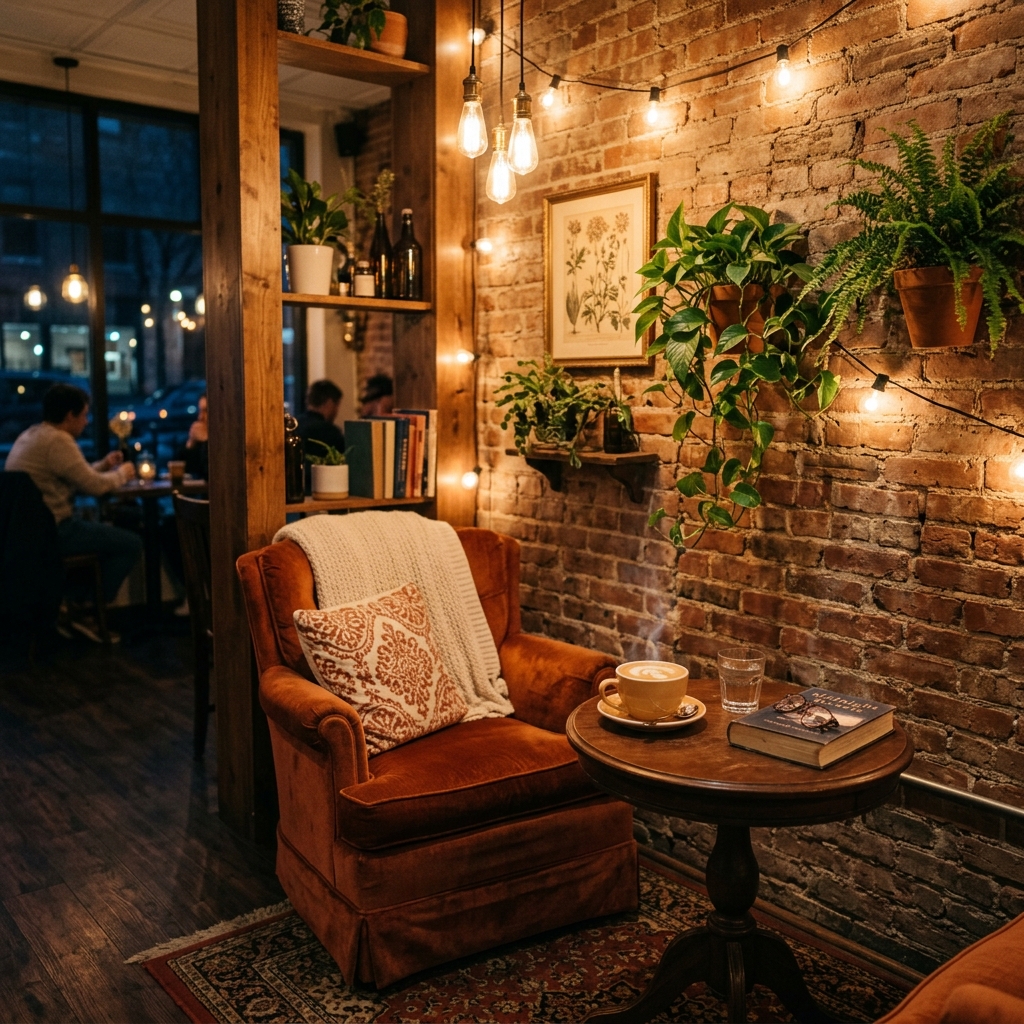 Cozy cafe corner with Edison lights